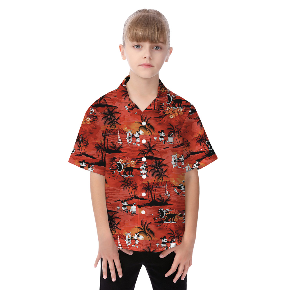 Tropical Sunset Beach Mickey Orange Matching Hawaiian Shirts For Family