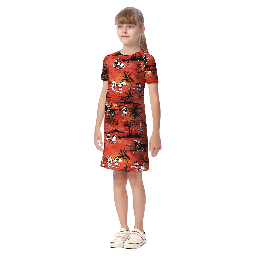 Tropical Sunset Beach Mickey Orange Matching Hawaiian Shirts For Family