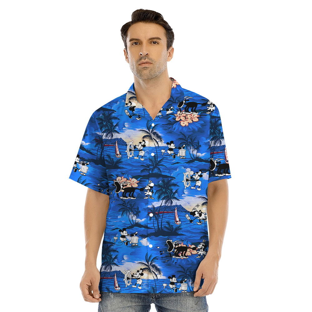 Tropical Palm Tree Sunset Mickey Mouse Navy Family Matching Hawaiian Outfits