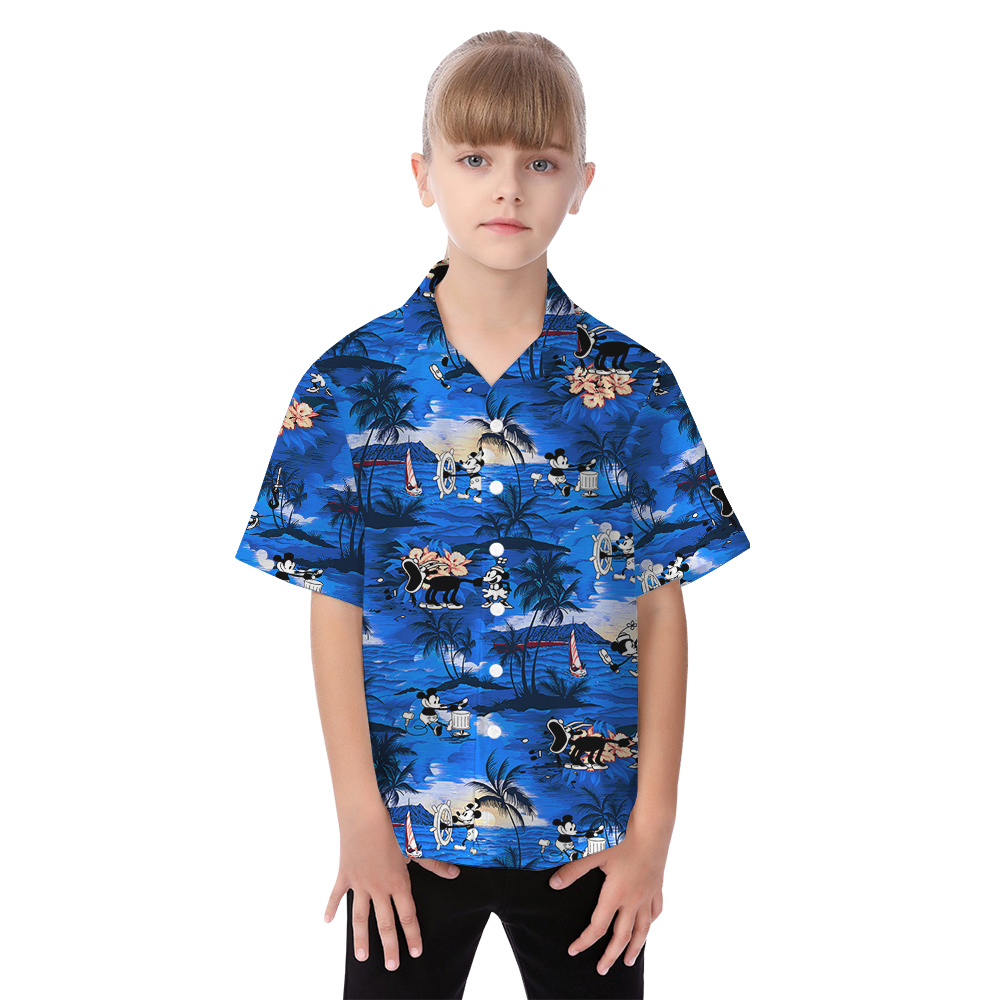 Tropical Palm Tree Sunset Mickey Mouse Navy Family Matching Hawaiian Outfits