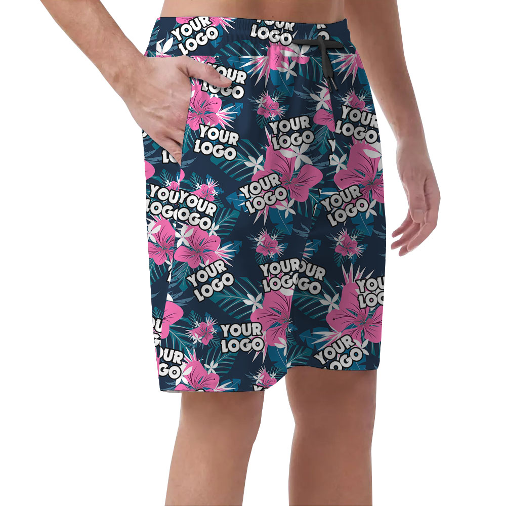 Purple Floral Tropical Men's Hawaiian Shorts With Logos