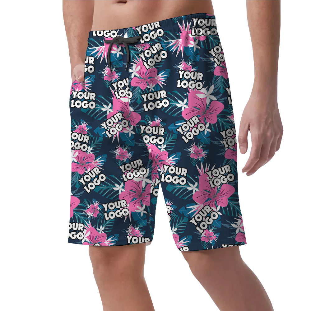 Purple Floral Tropical Men's Hawaiian Shorts With Logos