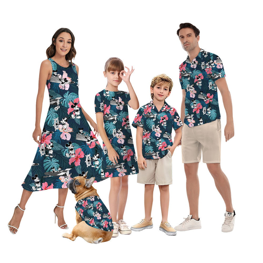 Hibiscus Mickey Mouse Steamboat Willie Matching Hawaiian Shirts For Family - variant image 1