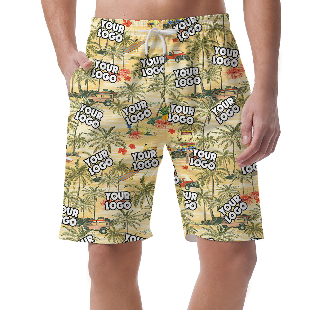 Cool Yellow Beach Theme Hawaiian Shorts With Logos - variant image 1