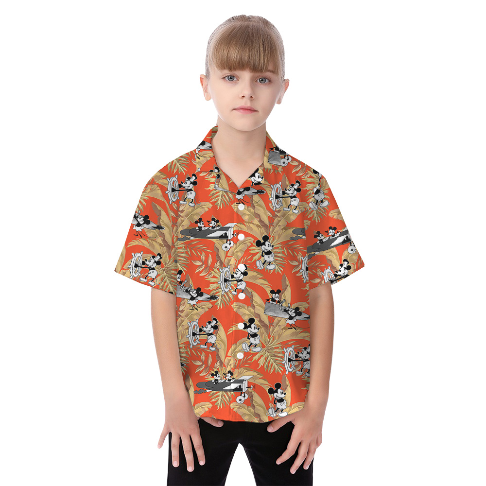 Cute Mickey Steamboat Willie Tropical Orange Matching Aloha Outfits For Family