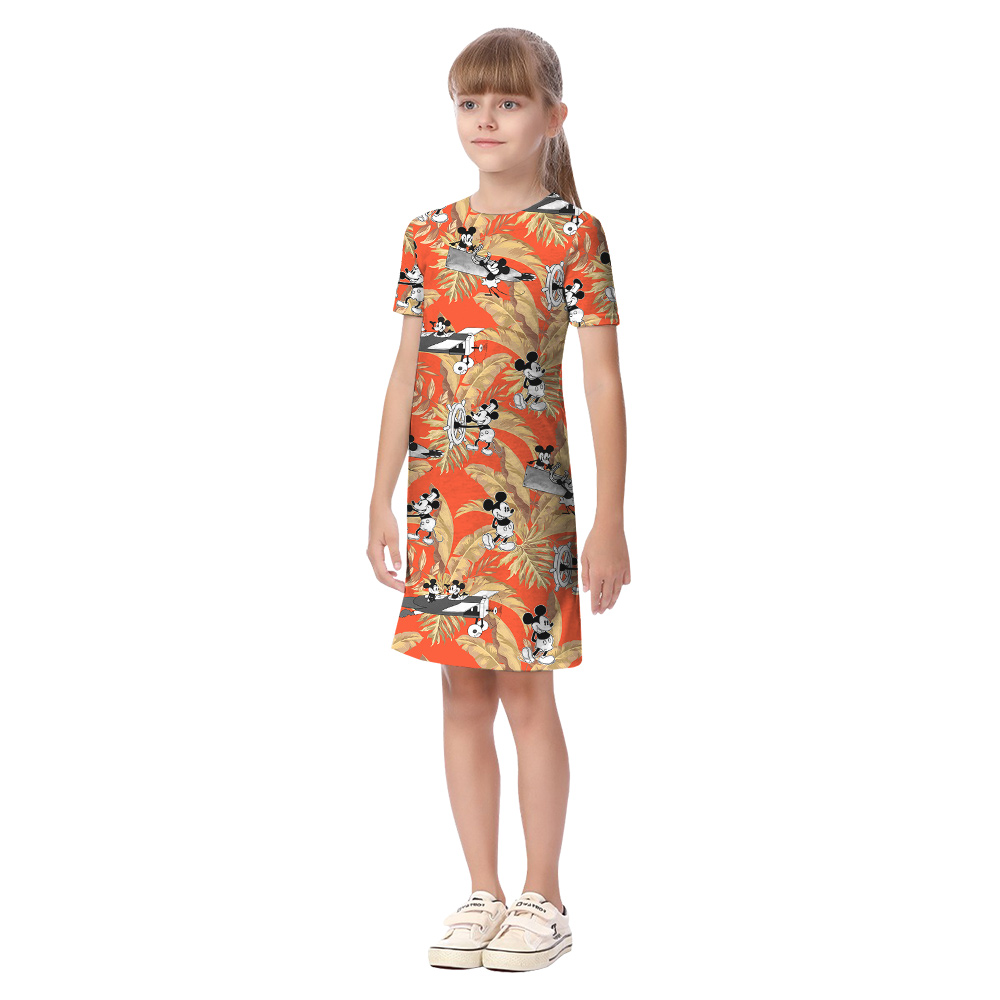 Cute Mickey Steamboat Willie Tropical Orange Matching Aloha Outfits For Family