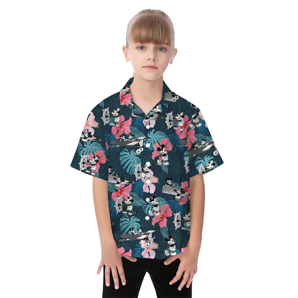 Hibiscus Mickey Mouse Steamboat Willie Matching Hawaiian Shirts For Family
