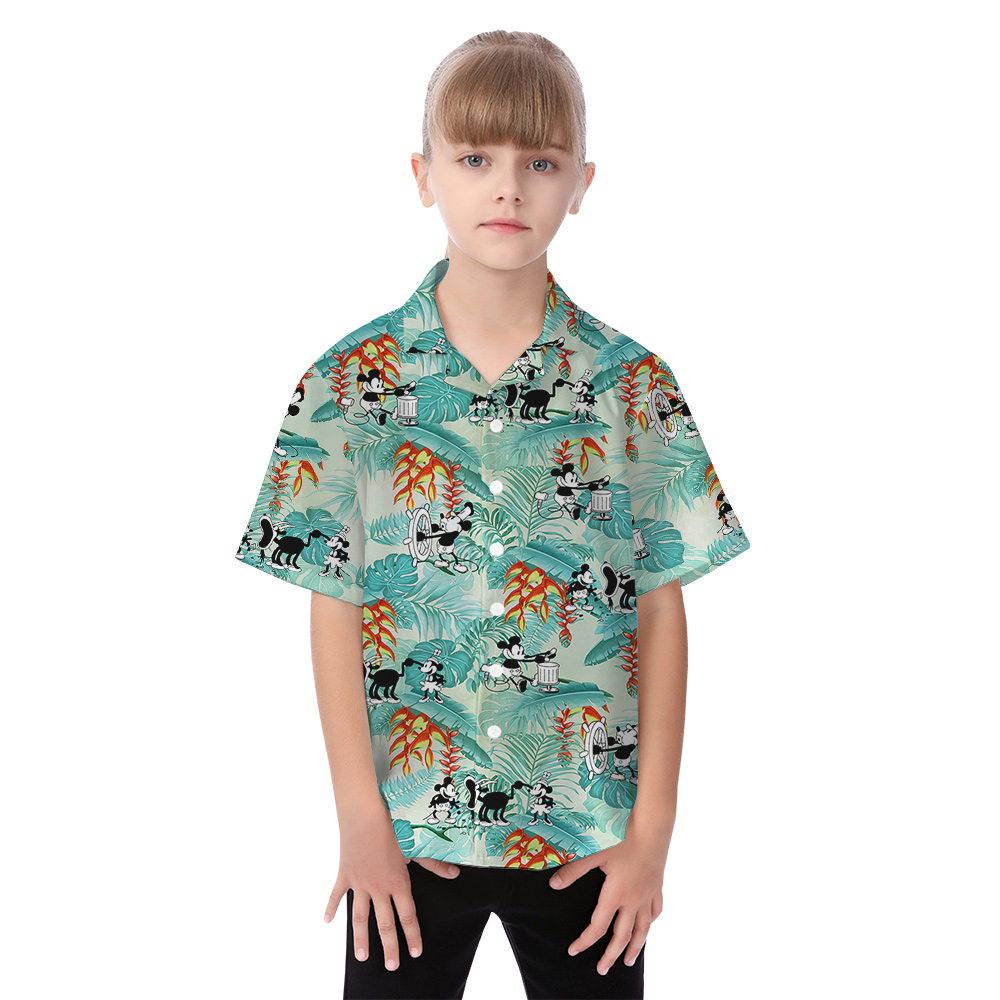 Family Matching Mickey And Minnie Tropical Blue Hawaiian Shirts