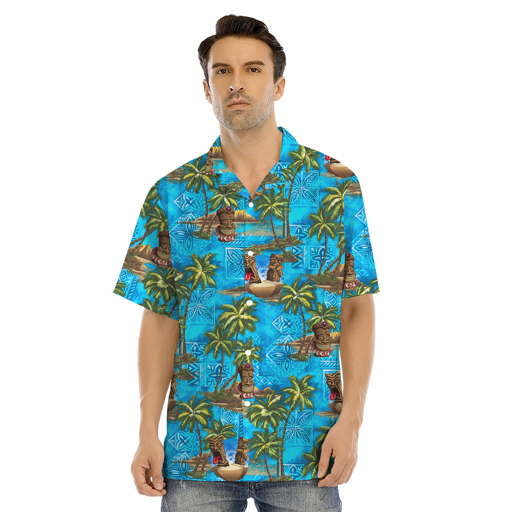Cute Vintage Tiki Palm Trees Tropical Matching Hawaiian Shirts And Dresses