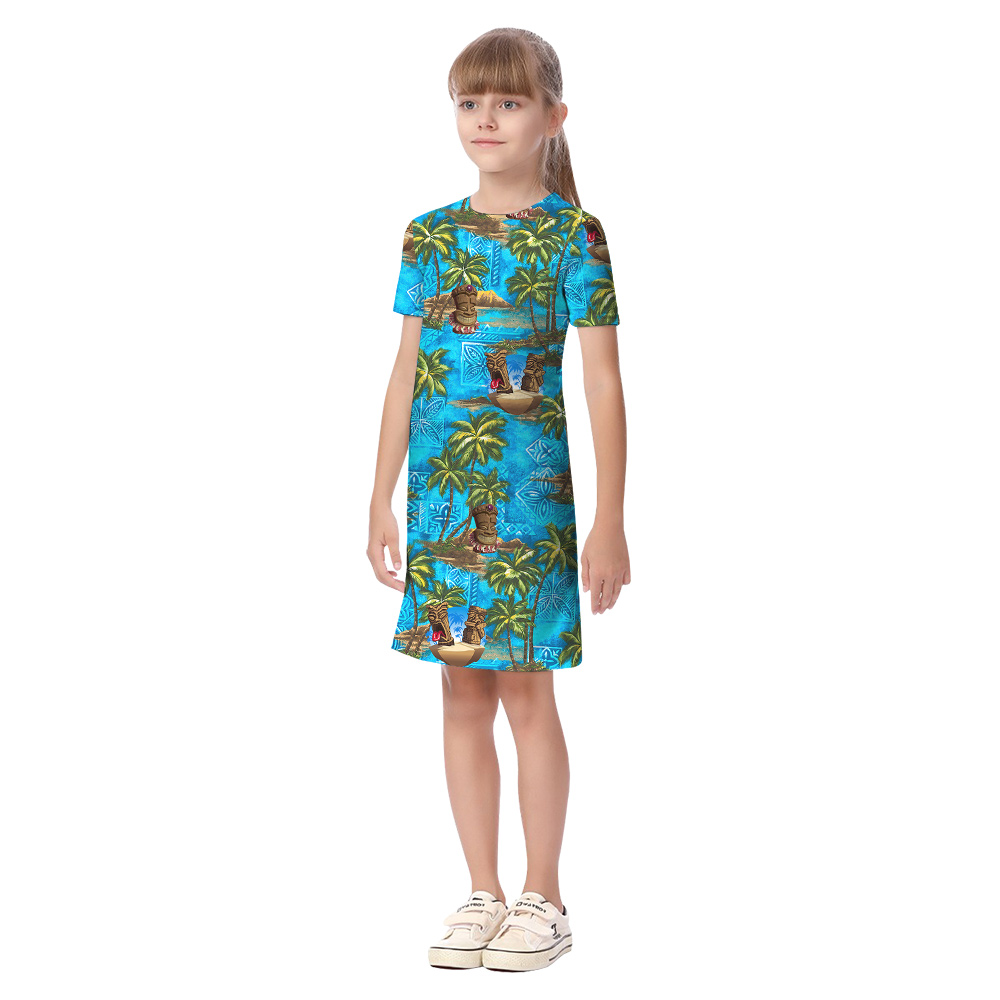 Cute Vintage Tiki Palm Trees Tropical Matching Hawaiian Shirts And Dresses