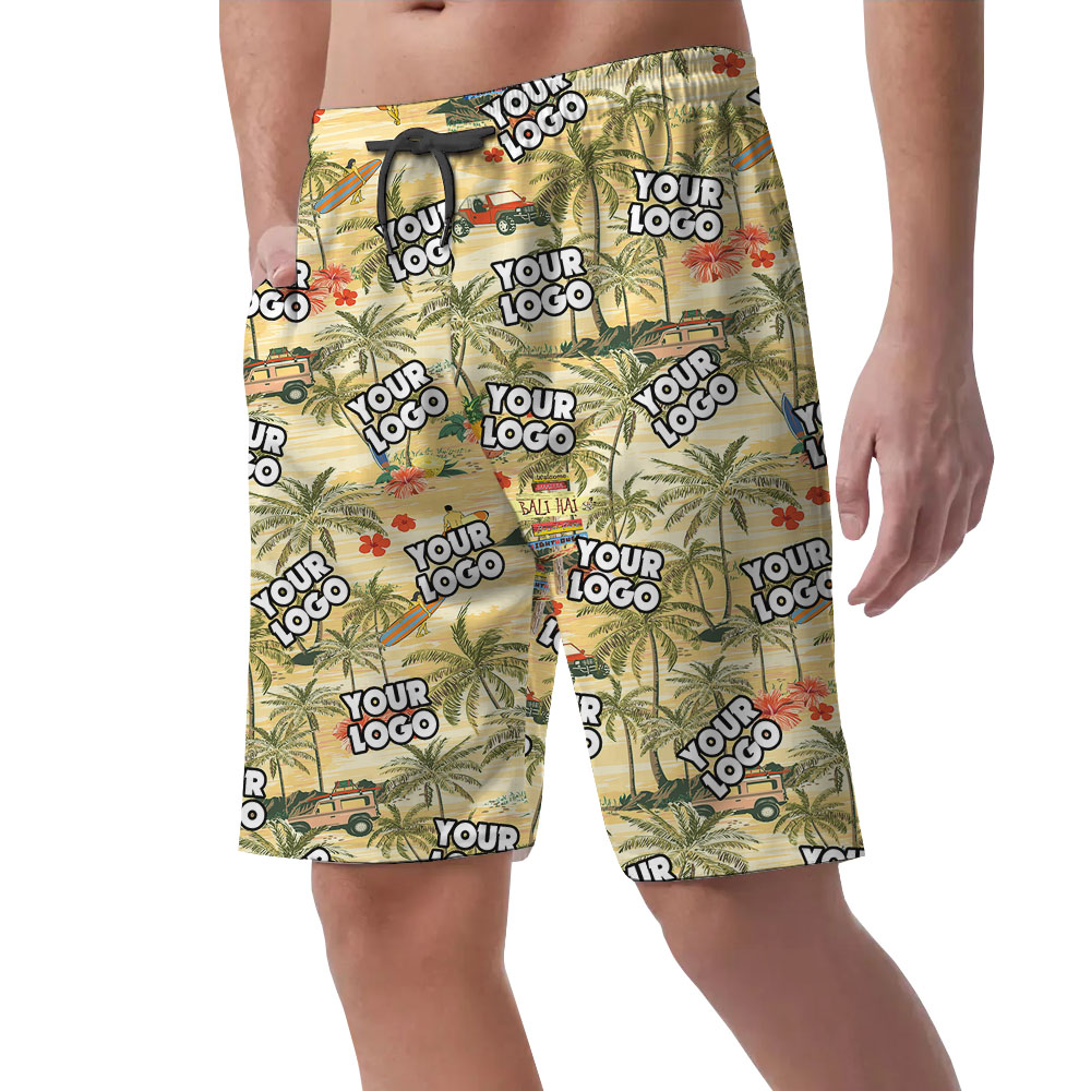 Cool Yellow Beach Theme Hawaiian Shorts With Logos