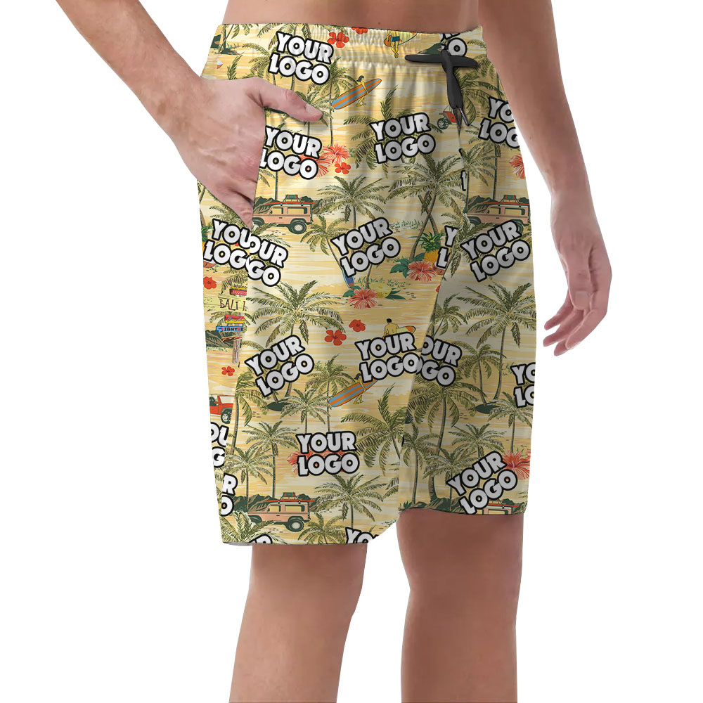 Cool Yellow Beach Theme Hawaiian Shorts With Logos