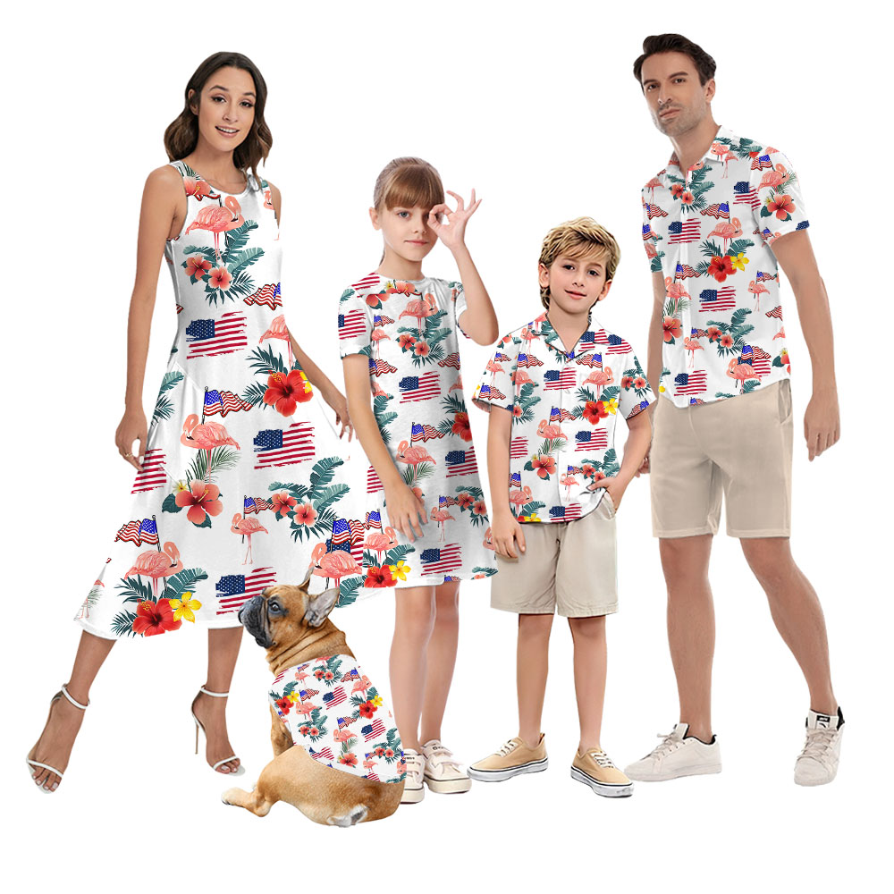 White Red And Blue Flamingo Matching Hawaiian Outfits - variant image 1