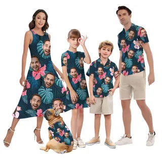 Custom Tropical Matching Hawaiian Shirt And Dress With Faces