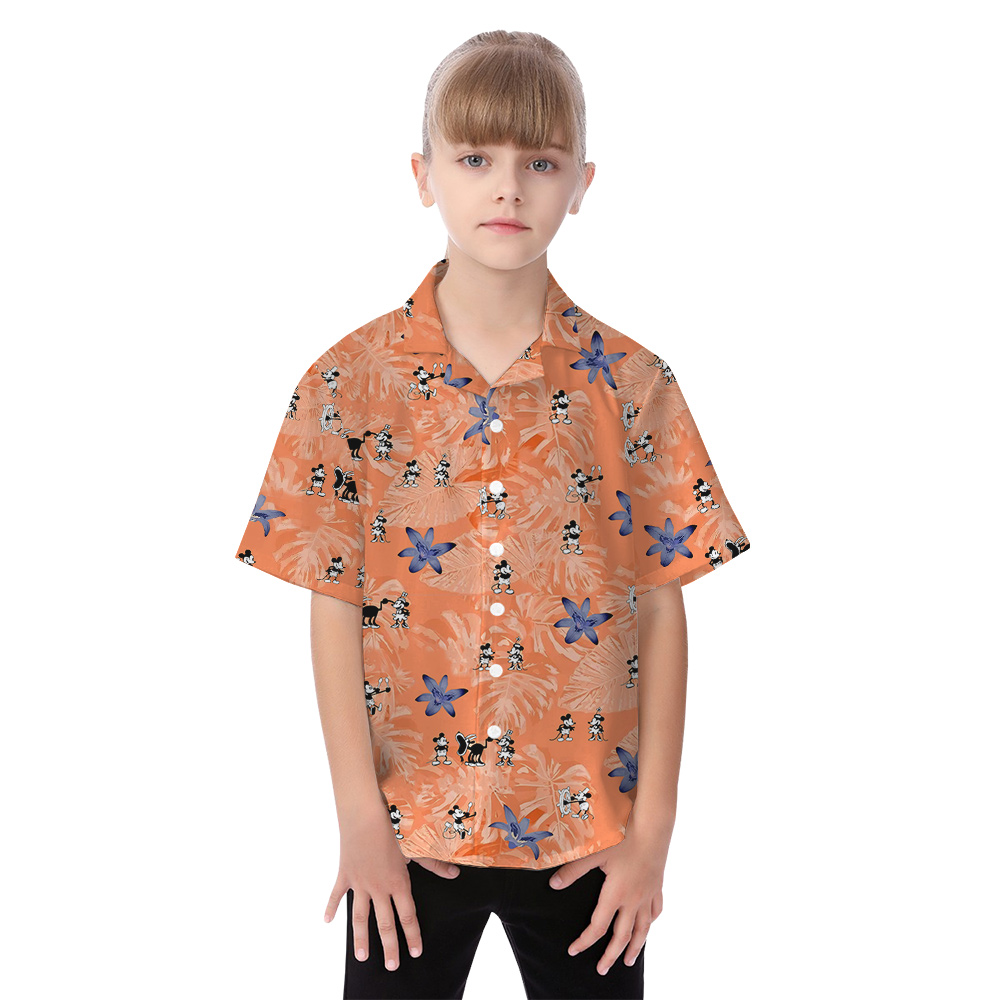 Cute Mickey And Minnie Orange Tropical Matching Hawaiian Outfits For Family