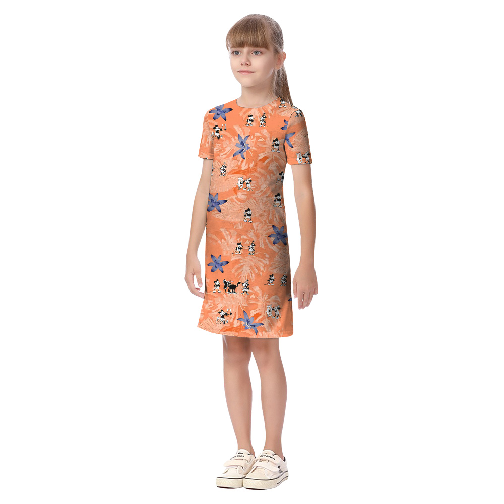 Cute Mickey And Minnie Orange Tropical Matching Hawaiian Outfits For Family