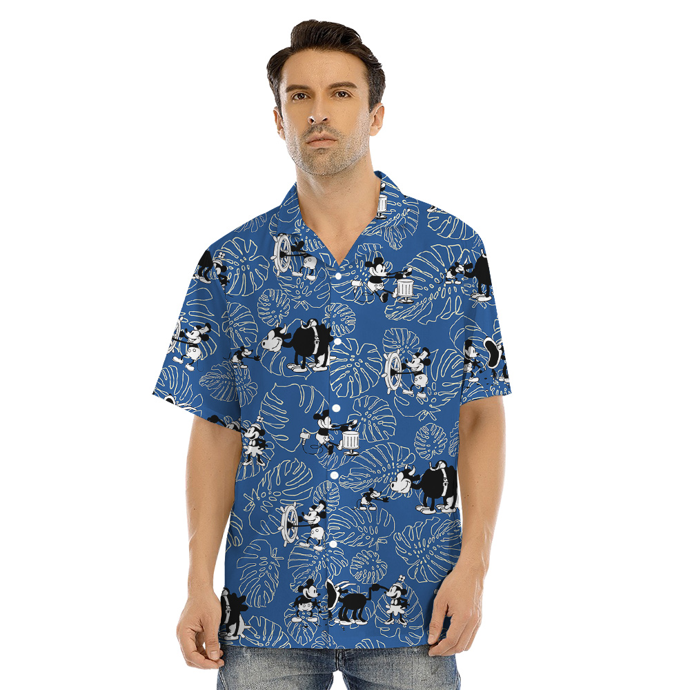 Mickey Steamboat Willie Navy Vintage Tropical Matching Hawaiian Shirts And Dresses