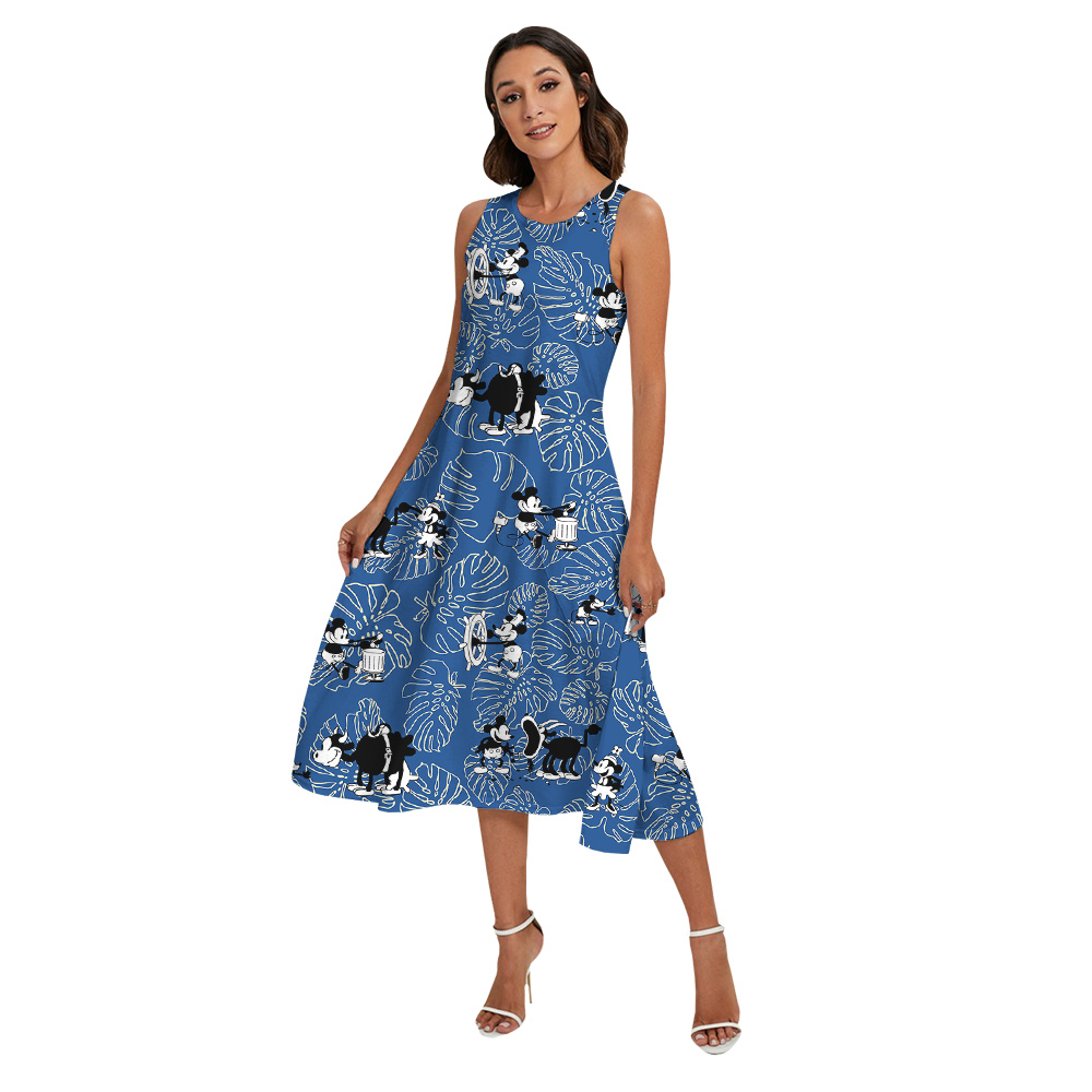 Mickey Steamboat Willie Navy Vintage Tropical Matching Hawaiian Shirts And Dresses