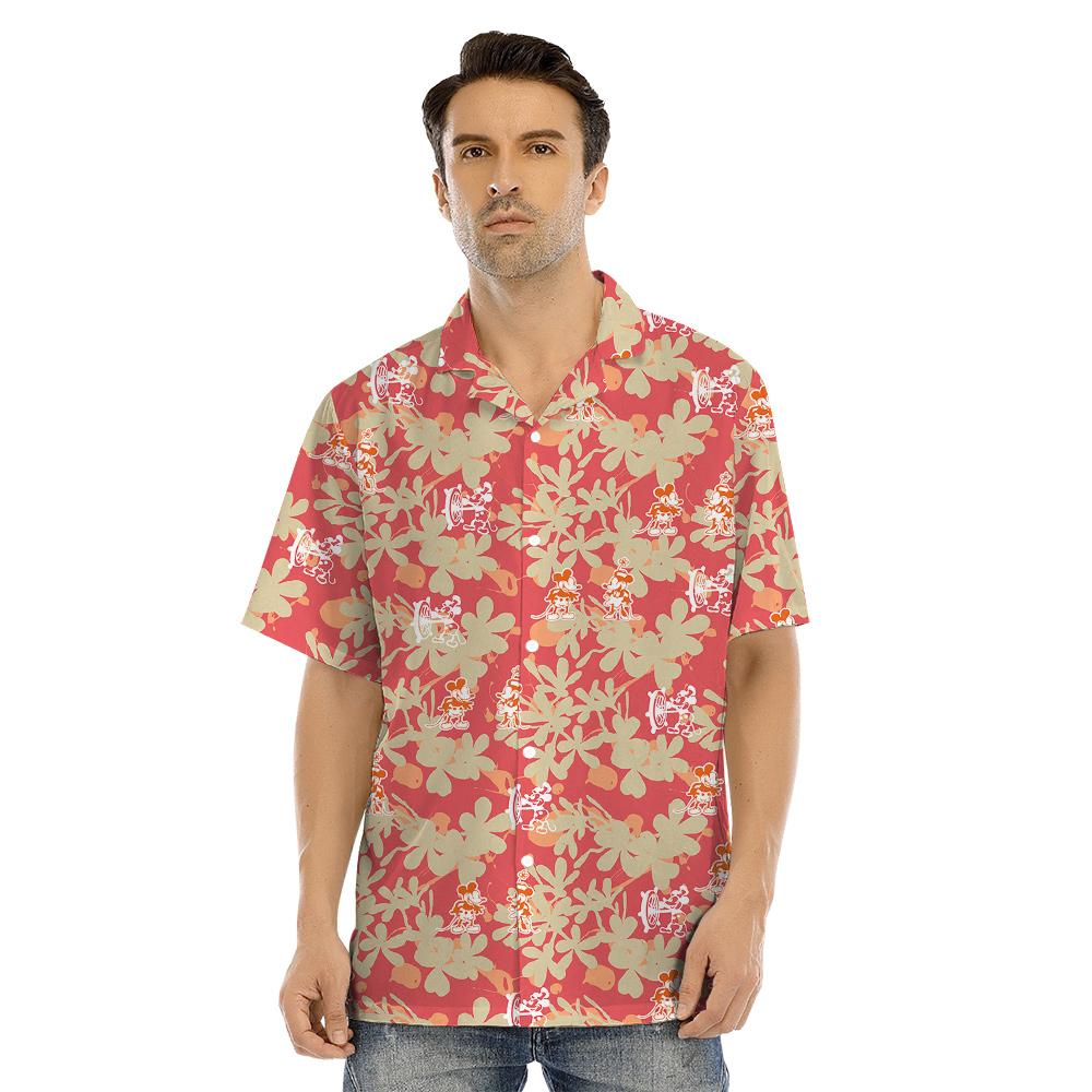 Floral Steamboat Willie Mickey Mouse Orange Matching Hawaiian Shirt