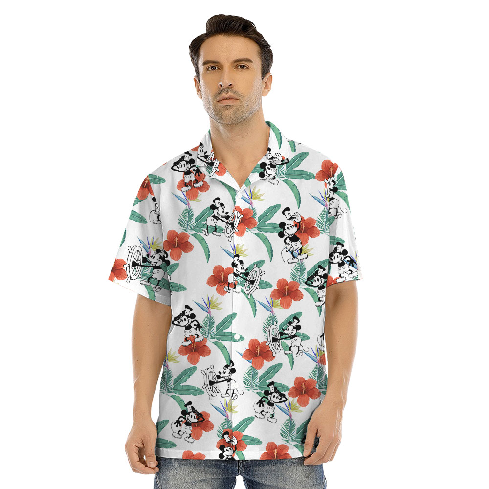 Hibiscus Mickey Steamboat Willie Matching Hawaiian Shirts