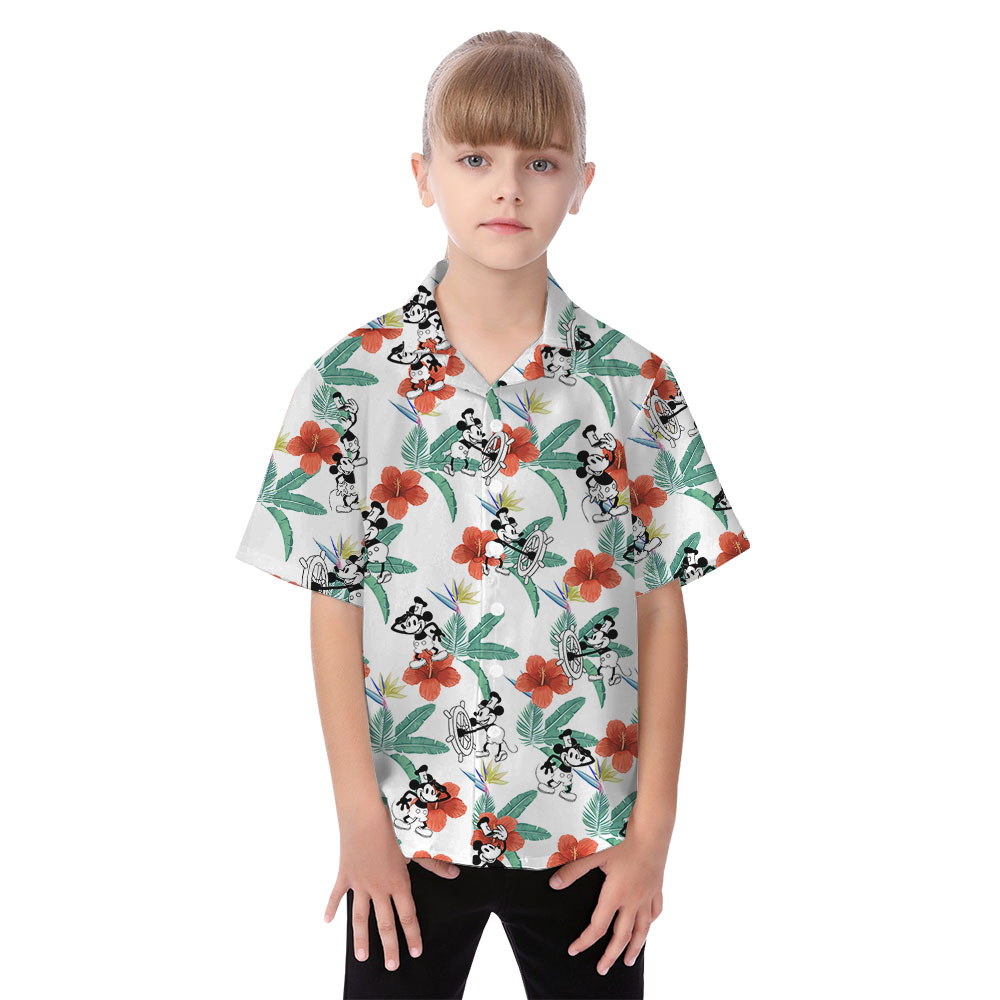 Hibiscus Mickey Steamboat Willie Matching Hawaiian Shirts