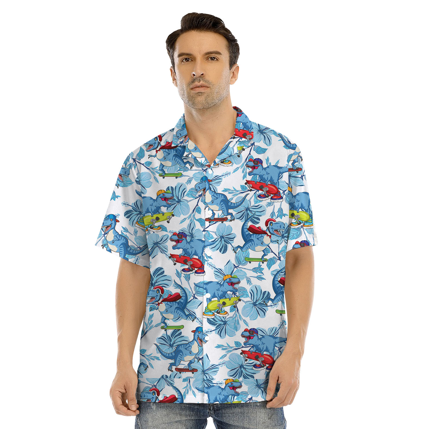 Dinosaur White And Blue Matching Hawaiian Shirt