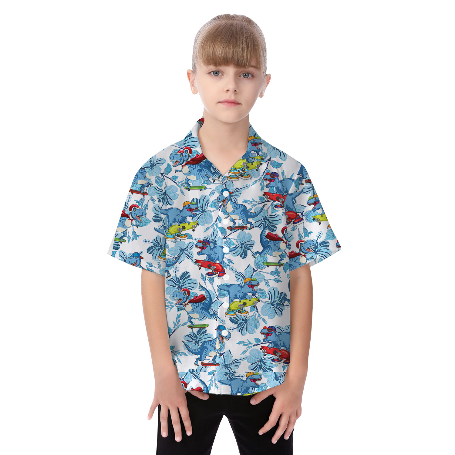Dinosaur White And Blue Matching Hawaiian Shirt
