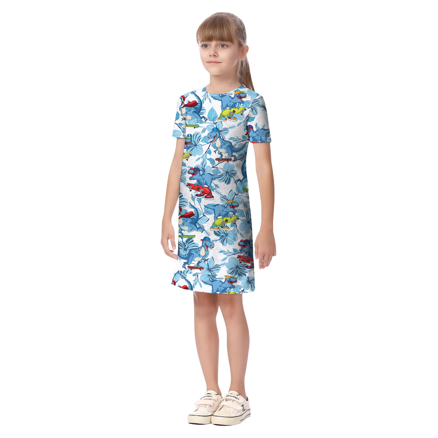 Dinosaur White And Blue Matching Hawaiian Shirt