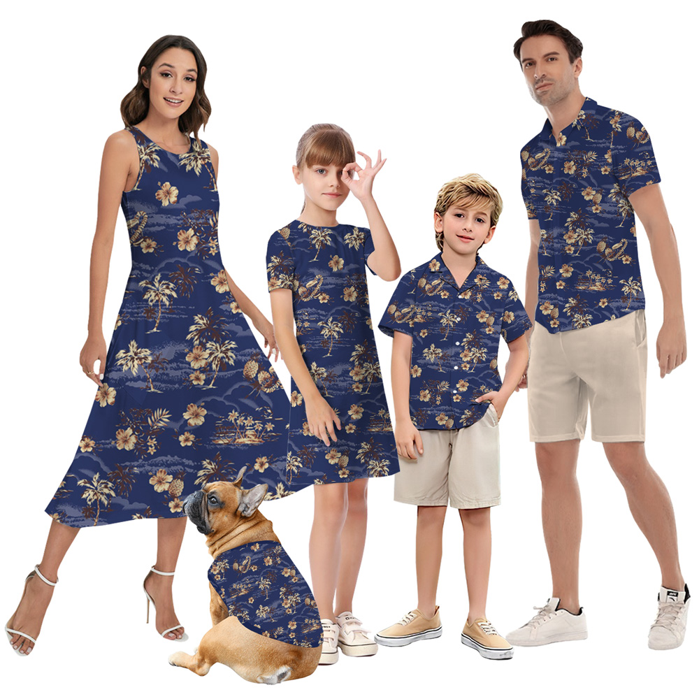 Vintage Palm Tree Hibiscus Navy Matching Family Hawaiian Outfits - variant image 1