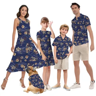 Vintage Palm Tree Hibiscus Navy Matching Family Hawaiian Outfits