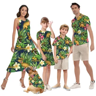 Funny Taco Dinosaur Tropical Matching Hawaiian Outfits For Family