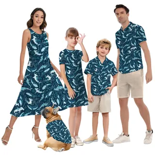 Blue Shark Matching Family Hawaiian Outfits
