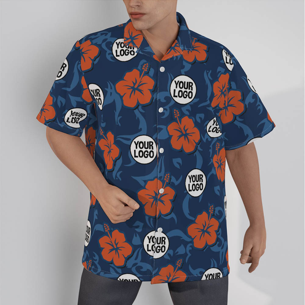 Vintage Hibiscus Custom Logo Hawaiian Shirt Navy - variant image 1