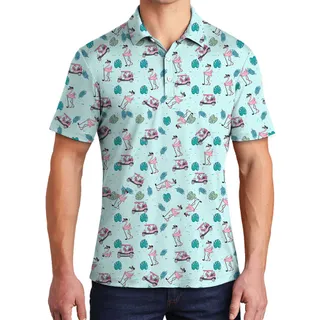 Flamingo Golf Tropical Polos Shirt For Men Blue