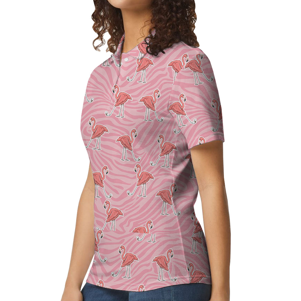 Zebra Flamingo Golf Pink Collared Shirt For Women