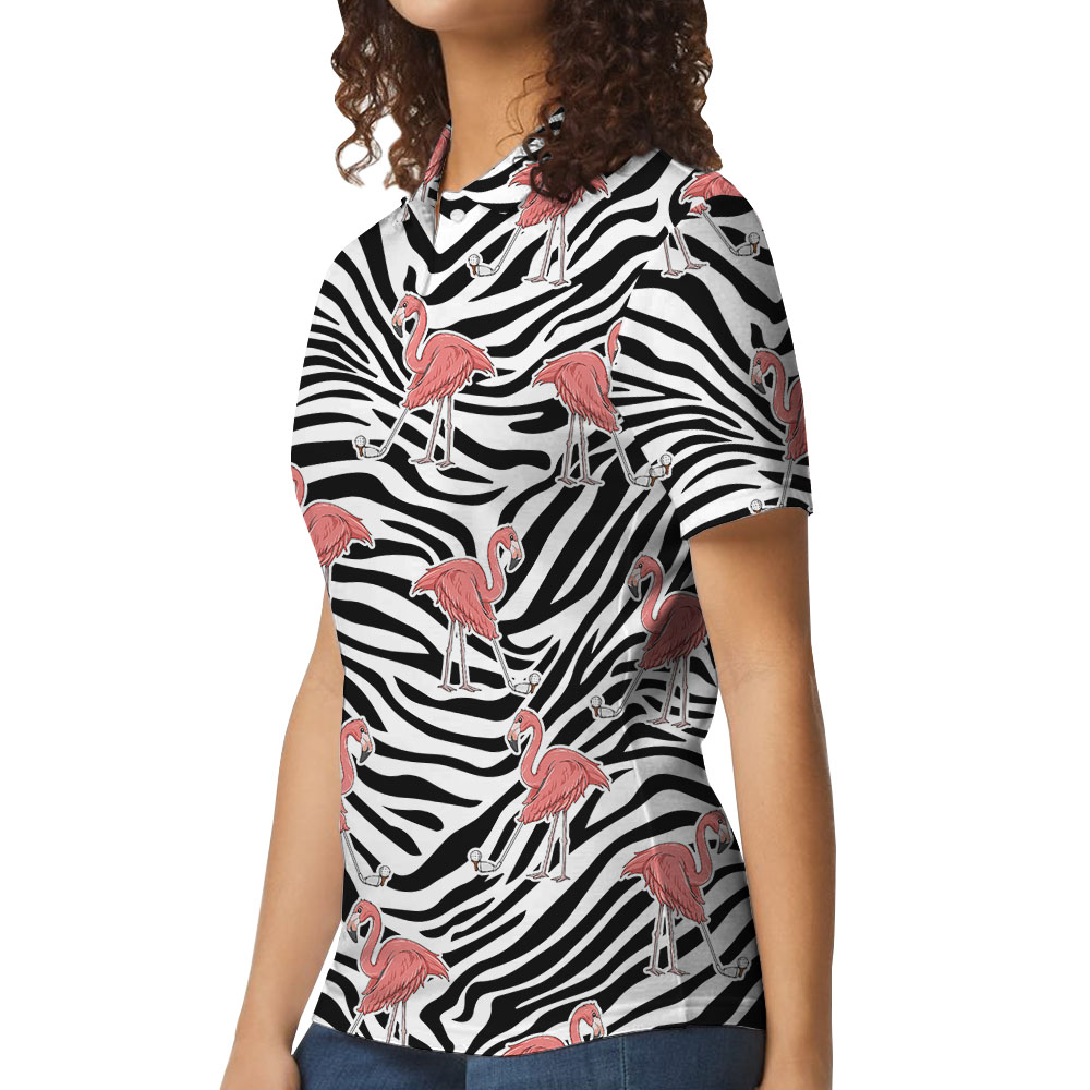 Golf Polos For Women With Flamingo Zebra Pattern