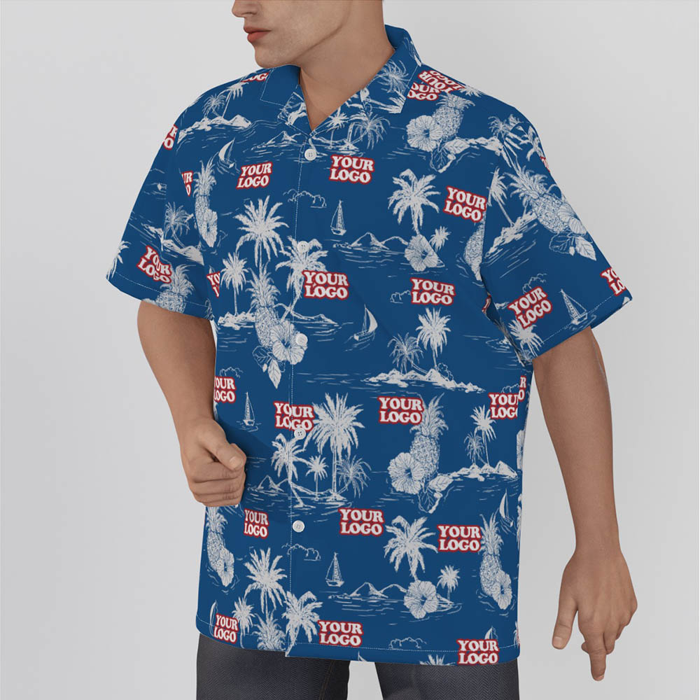 Custom Aloha Shirt With Company Logo Pineapple Hibiscus Beach
