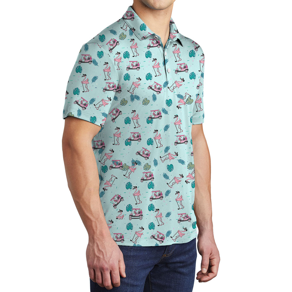 Flamingo Golf Tropical Polos Shirt For Men Blue