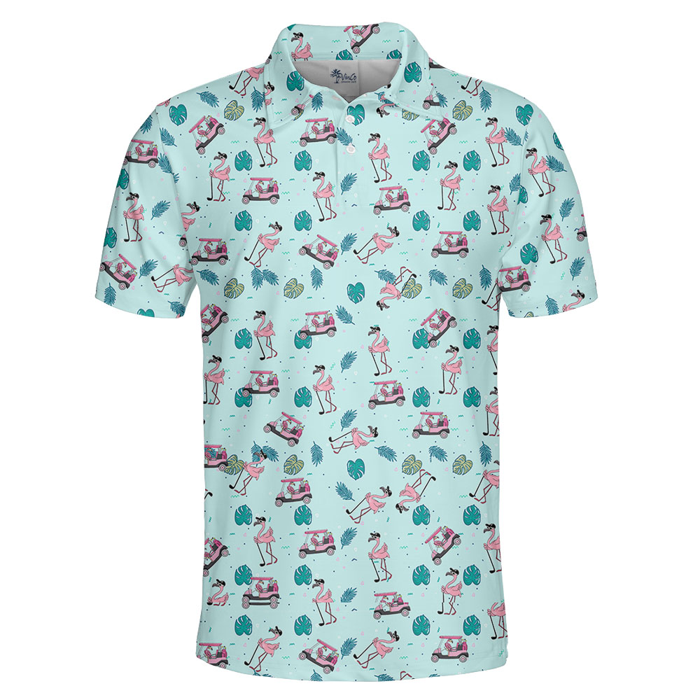 Flamingo Golf Tropical Polos Shirt For Men Blue