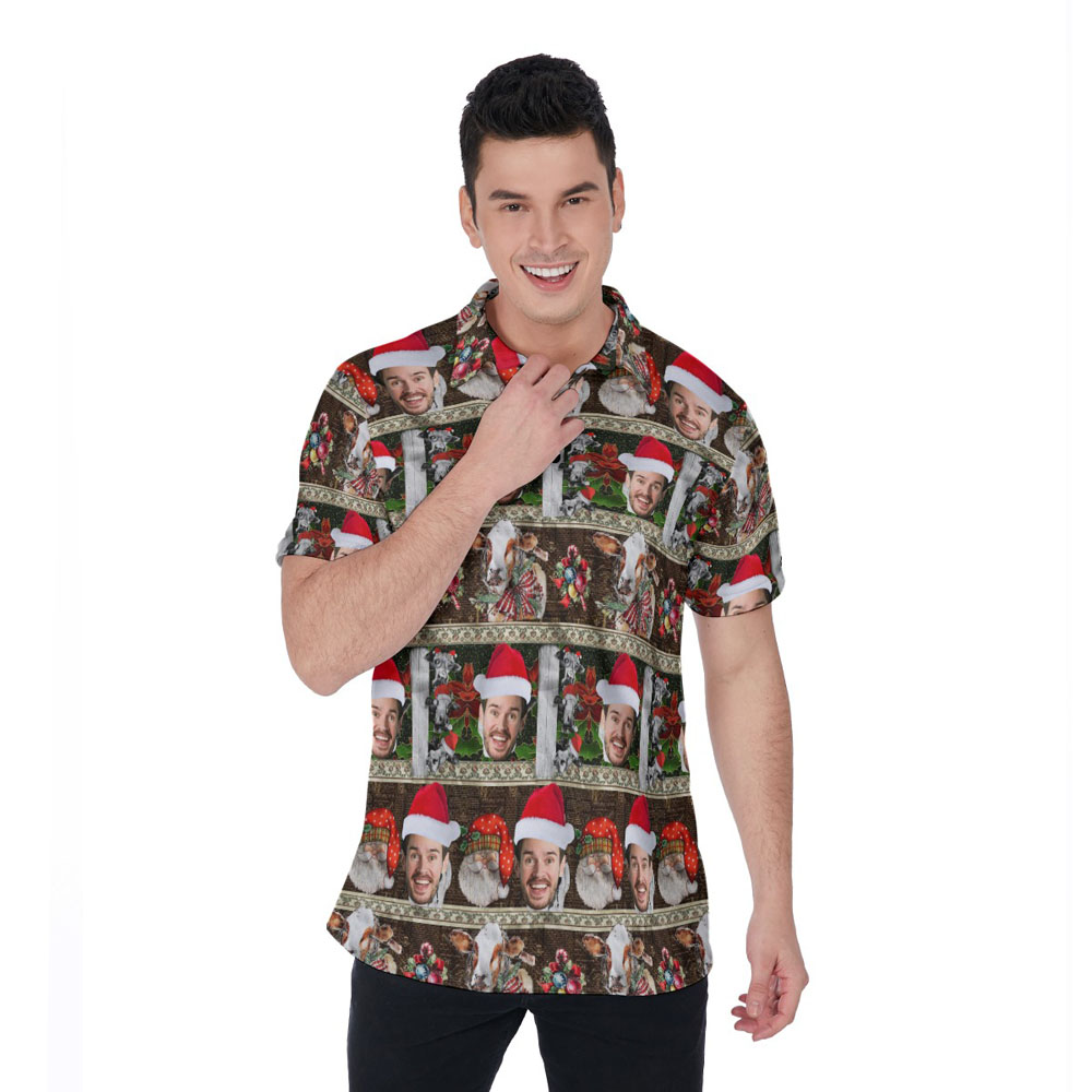 Custom Face Vintage Christmas Cow Hawaiian Polo Shirt - variant image 1