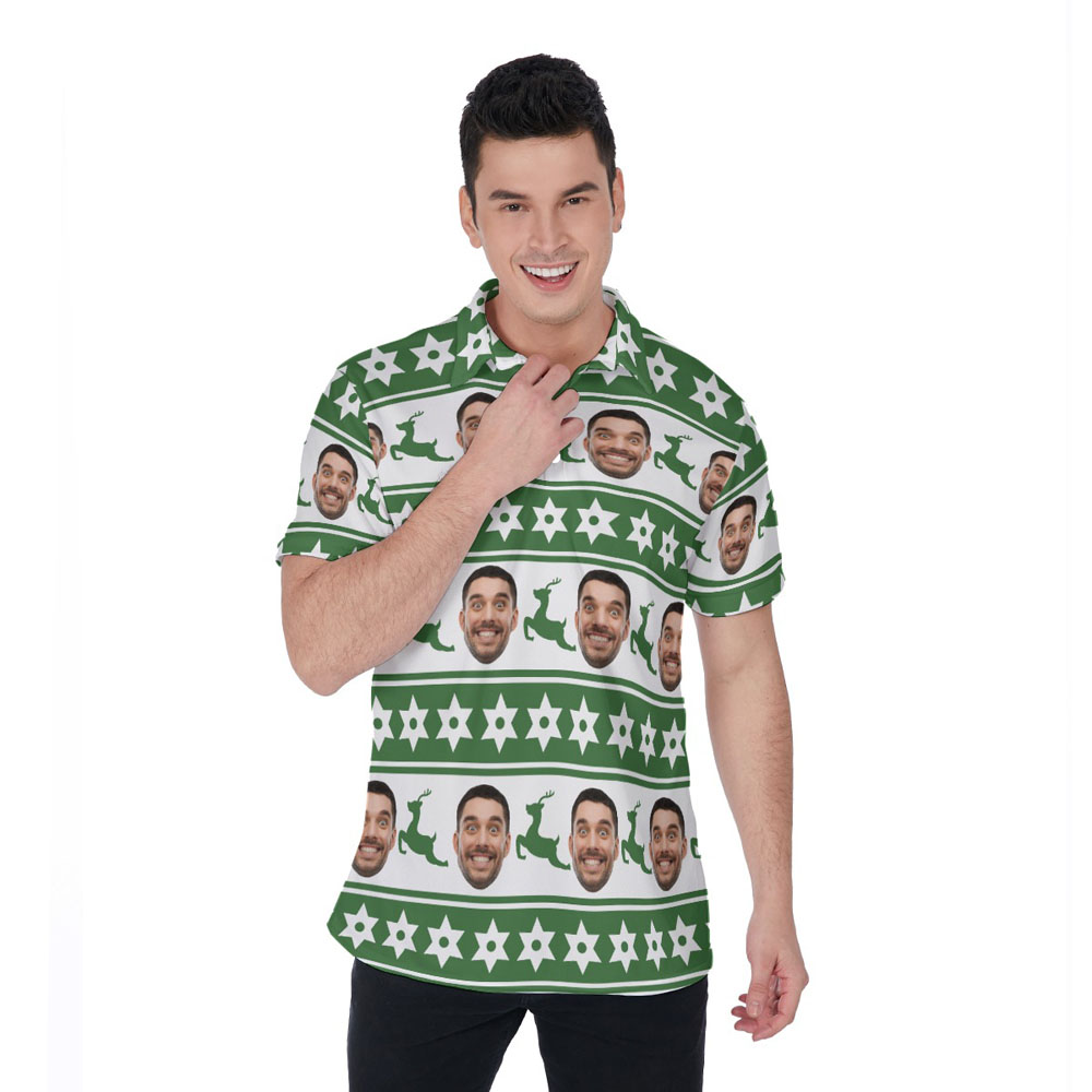 Funny Custom Face Christmas Reindeer Green Hawaiian Polo Golf Shirt - variant image 1