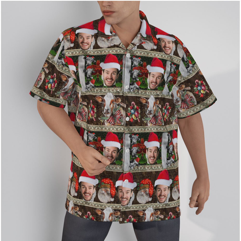 Funny Custom Face Christmas Cow Vintage Hawaiian Shirt - variant image 1