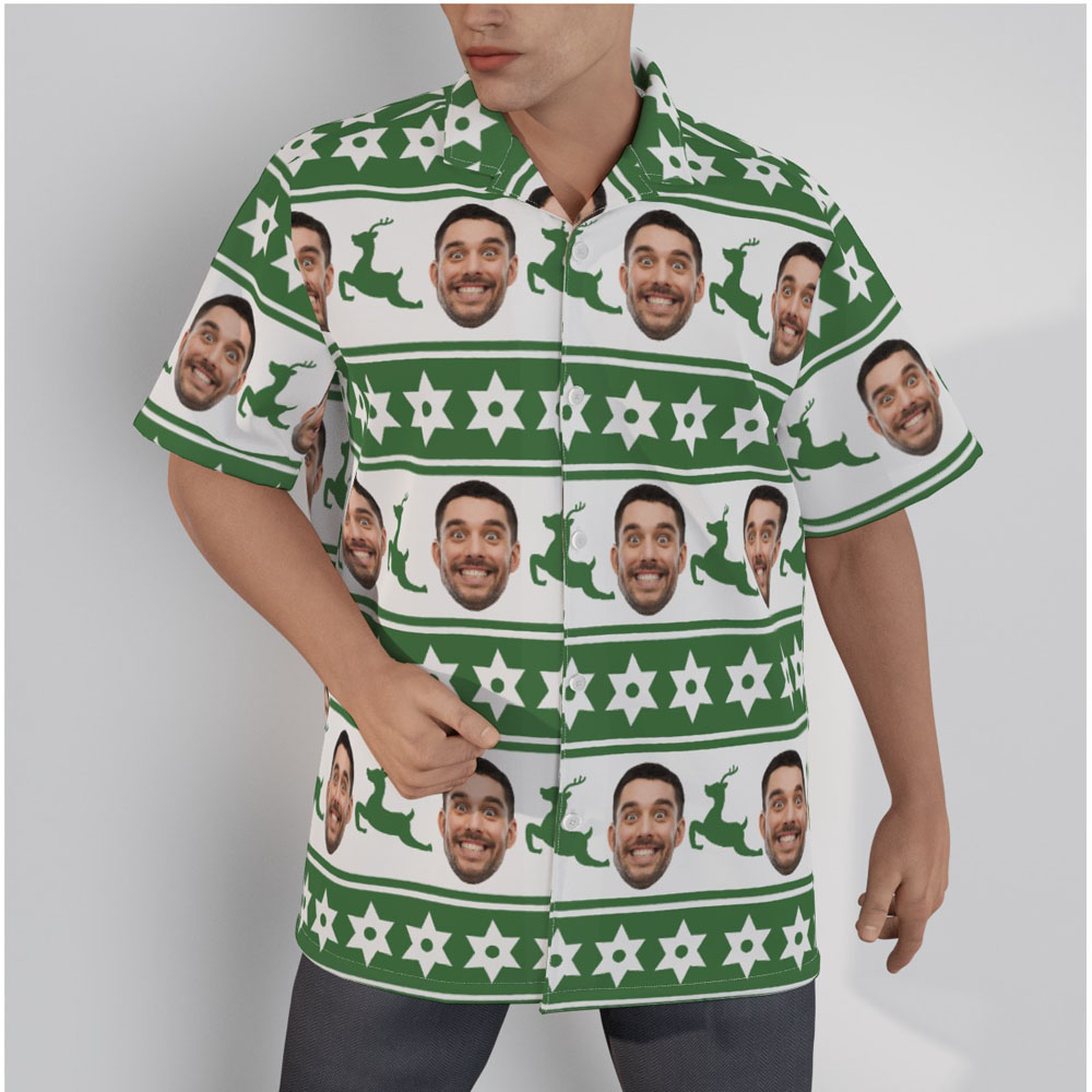 Vintage Reindeer Christmas Custom Face Hawaiian Collared Shirt - variant image 1