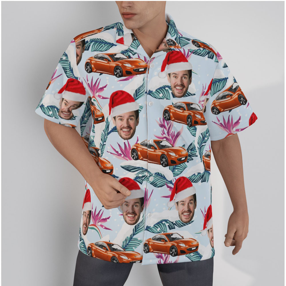 Custom Face And Car Christmas Floral Hawaiian Shirt - variant image 1