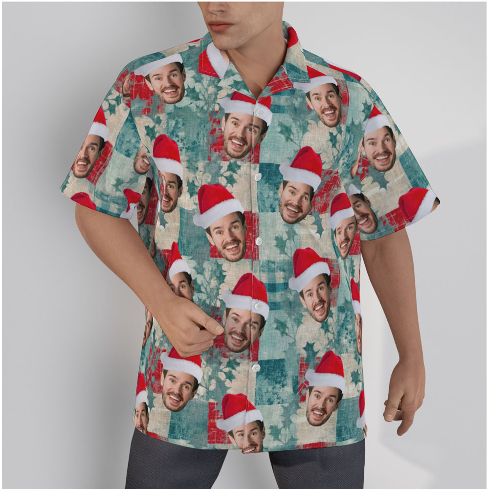 Vintage Christmas Holly Leaves Blue Hawaiian Shirt With Custom Face - variant image 1