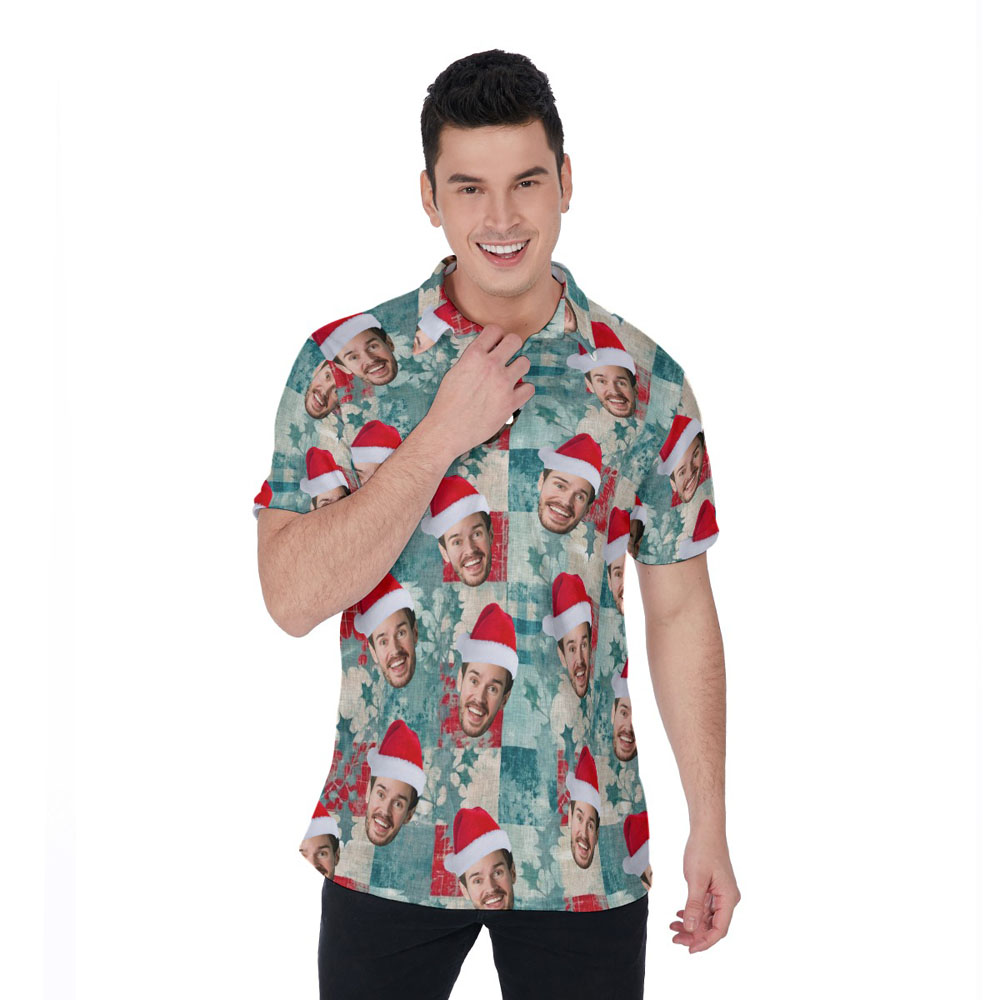 Vintage Christmas Holly Leaves Custom Face Hawaiian Polo Shirt - variant image 1