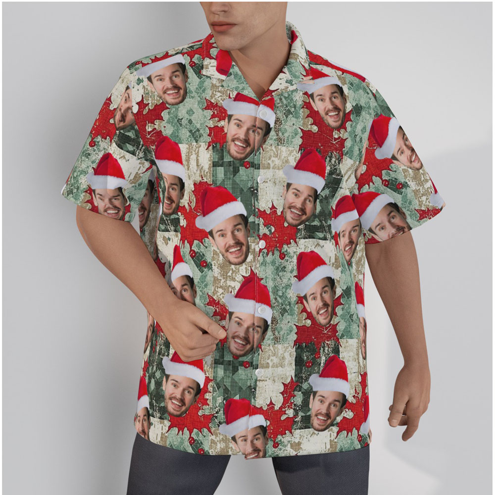 Custom Face Christmas Holly Leaves Vintage Hawaiian Shirt - variant image 1