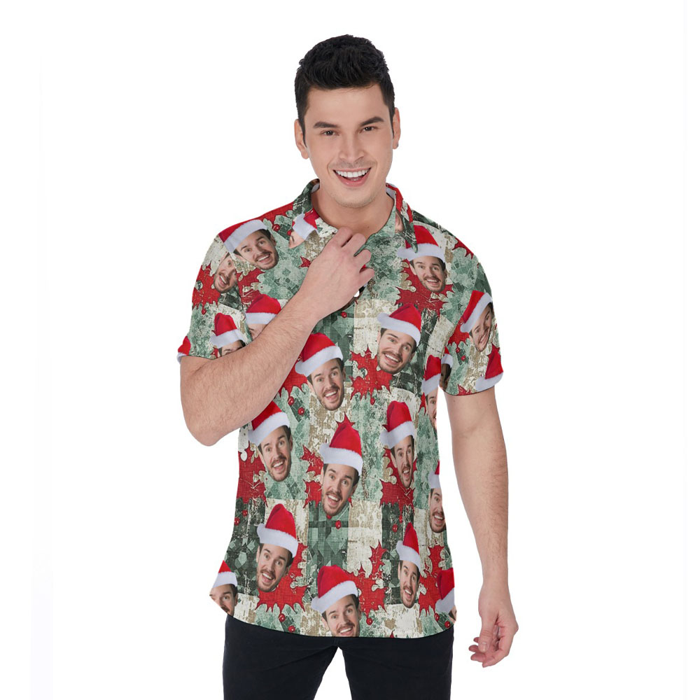 Christmas Holly Patterns Vintage Hawaiian Polo Shirt With Custom Face - variant image 1