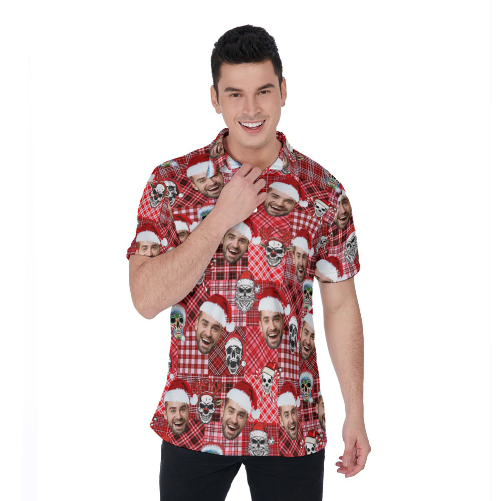 Custom Face Buffalo Plaid Christmas Skull Hawaiian Polo Shirt - variant image 1