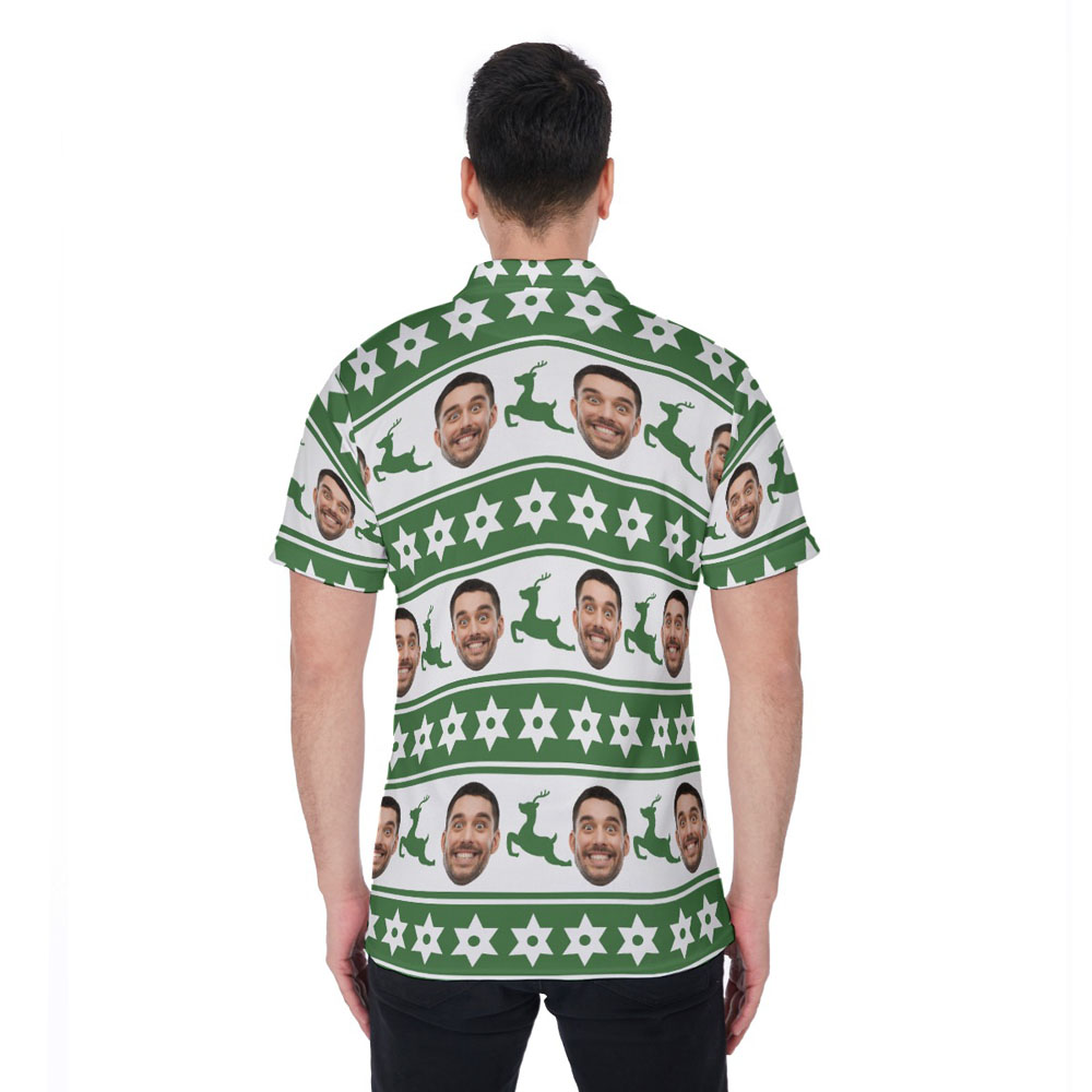 Funny Custom Face Christmas Reindeer Green Hawaiian Polo Golf Shirt